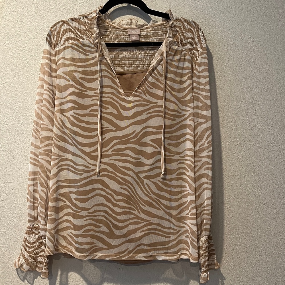 Chico's Sheer Beige Animal Print Blouse Sz 2 = L  12
Classic, Boho, Glam,